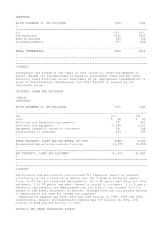 <CAPTION>
AS OF DECEMBER 31 (IN MILLIONS) 1995 1994
-
--------------------------------------------------------------------------------
<S> <C> <C>
Raw materials $165 $154
Work in process 164 136
Finished products 577 526
-
--------------------------------------------------------------------------------
TOTAL INVENTORIES $906 $816
-
--------------------------------------------------------------------------------
-
--------------------------------------------------------------------------------
</TABLE>
Inventories are stated at the lower of cost (first-in, first-out method) or
market. Market for raw materials is based on replacement costs and for other
inventory classifications on net realizable value. Appropriate consideration is
given to deterioration, obsolescence and other factors in evaluating net
realizable value.
PROPERTY, PLANT AND EQUIPMENT
<TABLE>
<CAPTION>
AS OF DECEMBER 31 (IN MILLIONS) 1995 1994
-
--------------------------------------------------------------------------------
<S> <C> <C>
Land $ 88 $ 83
Buildings and leasehold improvements 701 663
Machinery and equipment 2,038 1,762
Equipment leased or rented to customers 341 348
Construction in progress 259 245
-
--------------------------------------------------------------------------------
TOTAL PROPERTY, PLANT AND EQUIPMENT, AT COST 3,427 3,101
Accumulated depreciation and amortization (1,678) (1,458)
-
--------------------------------------------------------------------------------
NET PROPERTY, PLANT AND EQUIPMENT $1,749 $1,643
-
--------------------------------------------------------------------------------
-
--------------------------------------------------------------------------------
</TABLE>
Depreciation and amortization are provided for financial reporting purposes
principally on the straight-line method over the following estimated useful
lives: buildings and leasehold improvements, 20 to 44 years; machinery and other
equipment, 3 to 20 years; equipment leased or rented to customers, 1 to 5 years.
Leasehold improvements are depreciated over the life of the related facility
leases or the asset, whichever is shorter. Straight-line and accelerated methods
of depreciation are used for income tax purposes.
Depreciation expense was $254, $226 and $206 million in 1995, 1994 and 1993,
respectively. Repairs and maintenance expense was $79 million in 1995, $74
million in 1994 and $78 million in 1993.
GOODWILL AND OTHER INTANGIBLE ASSETS
 