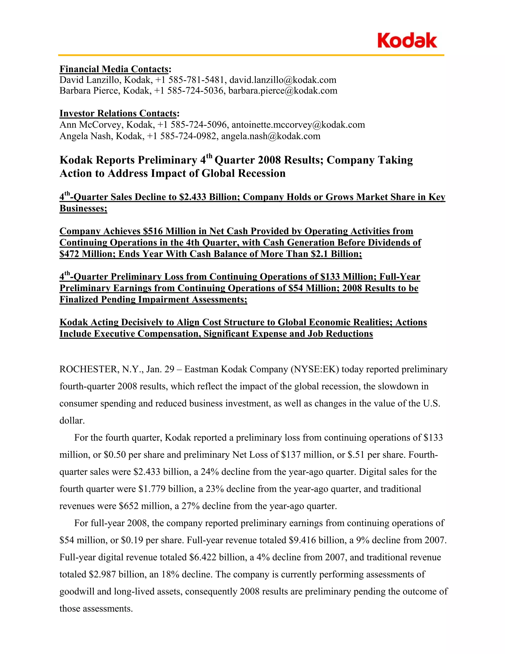 eastman kodak 01/29_4Q/08_SE