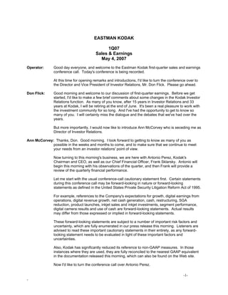 eastman kodak 1Q 07 SE Transcript