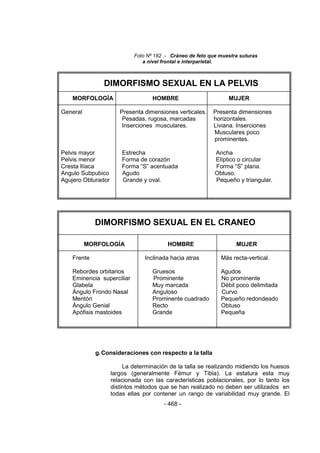 - 468 - 
Foto Nº 182 .- .Cráneo de feto que muestra suturas 
a nivel frontal e interparietal. 
DIMORFISMO SEXUAL EN LA PELVIS 
MORFOLOGÍA HOMBRE MUJER 
General Presenta dimensiones verticales. Presenta dimensiones Pesadas, rugosa, marcadas horizontales. Inserciones musculares. Liviana. Inserciones 
Musculares poco 
prominentes. 
Pelvis mayor Estrecha Ancha 
Pelvis menor Forma de corazón Elíptico o circular 
Cresta Ilíaca Forma ―S‖ acentuada Forma ―S‖ plana. 
Angulo Subpubico Agudo Obtuso. 
Agujero Obturador Grande y oval. Pequeño y triangular. 
DIMORFISMO SEXUAL EN EL CRANEO 
MORFOLOGÍA HOMBRE MUJER 
Frente Inclinada hacia atras Más recta-vertical. 
Rebordes orbitarios Gruesos Agudos 
Eminencia superciliar Prominente No prominente 
Glabela Muy marcada Débil poco delimitada 
Ángulo Frondo Nasal Anguloso Curvo 
Mentón Prominente cuadrado Pequeño redondeado 
Ángulo Genial Recto Obtuso 
Apófisis mastoides Grande Pequeña 
g. Consideraciones con respecto a la talla 
La determinación de la talla se realizando midiendo los huesos largos (generalmente Fémur y Tibia). La estatura esta muy relacionada con las caracteristicas poblacionales, por lo tanto los distintos métodos que se han realizado no deben ser utilizados en todas ellas por contener un rango de variabilidad muy grande. El  