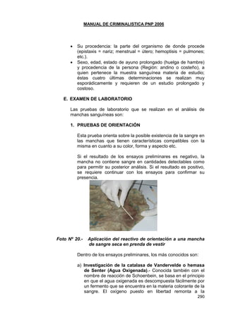 MANUAL DE CRIMINALISTICA PNP 2006 
290 
 Su procedencia: la parte del organismo de donde procede (epistaxis = nariz; menstrual = útero; hemoptisis = pulmones; etc.). 
 Sexo, edad, estado de ayuno prolongado (huelga de hambre) y procedencia de la persona (Región: andino o costeño), a quien pertenece la muestra sanguínea materia de estudio; éstas cuatro últimas determinaciones se realizan muy esporádicamente y requieren de un estudio prolongado y costoso. 
E. EXAMEN DE LABORATORIO 
Las pruebas de laboratorio que se realizan en el análisis de manchas sanguíneas son: 
1. PRUEBAS DE ORIENTACIÓN 
Esta prueba orienta sobre la posible existencia de la sangre en las manchas que tienen características compatibles con la misma en cuanto a su color, forma y aspecto etc. 
Si el resultado de los ensayos preliminares es negativo, la mancha no contiene sangre en cantidades detectables como para permitir su posterior análisis. Si el resultado es positivo, se requiere continuar con los ensayos para confirmar su presencia. 
Foto Nº 20.- Aplicación del reactivo de orientación a una mancha de sangre seca en prenda de vestir 
Dentro de los ensayos preliminares, los más conocidos son: 
a) Investigación de la catalasa de Vandervelde o hemasa de Senter (Agua Oxigenada).- Conocida también con el nombre de reacción de Schoenbein, se basa en el principio en que el agua oxigenada es descompuesta fácilmente por un fermento que se encuentra en la materia colorante de la sangre. El oxígeno puesto en libertad remonta a la  