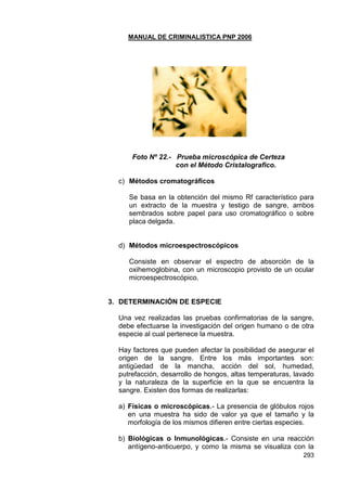 MANUAL DE CRIMINALISTICA PNP 2006 
293 
Foto Nº 22.- Prueba microscópica de Certeza 
con el Método Cristalografico. 
c) Métodos cromatográficos 
Se basa en la obtención del mismo Rf característico para un extracto de la muestra y testigo de sangre, ambos sembrados sobre papel para uso cromatográfico o sobre placa delgada. 
d) Métodos microespectroscópicos 
Consiste en observar el espectro de absorción de la oxihemoglobina, con un microscopio provisto de un ocular microespectroscópico. 
3. DETERMINACIÓN DE ESPECIE 
Una vez realizadas las pruebas confirmatorias de la sangre, debe efectuarse la investigación del origen humano o de otra especie al cual pertenece la muestra. 
Hay factores que pueden afectar la posibilidad de asegurar el origen de la sangre. Entre los más importantes son: antigüedad de la mancha, acción del sol, humedad, putrefacción, desarrollo de hongos, altas temperaturas, lavado y la naturaleza de la superficie en la que se encuentra la sangre. Existen dos formas de realizarlas: 
a) Físicas o microscópicas.- La presencia de glóbulos rojos en una muestra ha sido de valor ya que el tamaño y la morfología de los mismos difieren entre ciertas especies. 
b) Biológicas o Inmunológicas.- Consiste en una reacción antígeno-anticuerpo, y como la misma se visualiza con la  