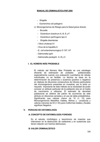 MANUAL DE CRIMINALISTICA PNP 2006 
328 
- Shigella 
- Escherichia coli patógeno 
c) Micoorganismos de Riesgo para la Salud grave directo: 
- Brucella 
- Clostridium botulinum A, B, E y F 
- Clostridium perfringens tipo C 
- Shigella disenteriae 
- Vibrio cholerae 01 
- Virus de la hepatitis A 
- E. coli enterohemorragico O 157: H7 
- Salmonella typhi 
- Salmonella paratyphi A, B y C 
I. EL NÚMERO MÁS PROBABLE 
El método del Número Mas Probable es una estrategia eficiente de estimación de unidades poblacionales especialmente cuando una evaluación cuantitativa de células individuales no es factible. La técnica se basa en la determinación de presencia o ausencia (positivo o negativo) en réplicas de diluciones consecutivos de tributos particulares del microorganismo presentes en muestras, por lo tanto un requisito importante de éste método es la necesidad de poder conocer un atributo particular de la población (es) en el medio de crecimiento a utilizarse. El estimado de densidad poblacional se obtiene del patrón de ocurrencia de este atributo en diluciones seriadas y el uso de tabla probabilística. Significando que valores menor de 10 (< 10) para Microorganismos Mesófilos Viables, Mohos y Levaduras y valores menores de 03 (< 03) para Coliformes totales y fecales significan Negativo. 
V. PERICIAS DE ENTOMOLOGÍA 
A. CONCEPTO DE ENTOMOLOGÍA FORENSE 
Es el estudio morfológico y taxonómico de insectos que intervienen en la destrucción de cadáveres y en sustancias que tienen relación con hechos delictuosos. 
B. VALOR CRIMINALÍSTICO  