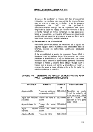 MANUAL DE CRIMINALISTICA PNP 2006 
337 
Después de destapar el frasco con las precauciones indicadas se sostiene con una pinza de brazos largos, con las manos o con un cordelillo y se le sumerge rápidamente de 15-20 cm de profundidad aproximadamente debajo de la superficie del agua; dirigiendo la boca del frasco en sentido contrario al de la corriente natural en forma horizontal, en los estanques, lagos y reservorios, se imprime al frasco un movimiento semicircular de derecha a izquierda y una vez lleno se le levanta de inmediato y se coloca la tapa. 
d) Para muestras de profundidad: 
Para este tipo de muestreo se necesitará de la ayuda de algunos equipos como: muestreadores adecuados, botes o lanchas, equipo de salvavidas, vestimenta adecuada (chalecos). 
Si la accesibilidad al punto de muestreo fuese difícil o riesgosa y no se pudiese llegar directamente, se puede proceder al muestreo con la ayuda de cordeles, los cuales deben de estar en buenas condiciones; para ello se deberá destapar el frasco y lanzarlo boca abajo y luego subir el frasco con la ayuda del cordel y procederá a vaciar el exceso de agua y tapar rápidamente a fin de evitar la contaminación de la muestra. 
CUADRO N°1 CRITERIOS DE RECOJO DE MUESTRAS DE AGUA PARA ANALISIS MICROBIOLOGICO 
MUESTRA 
ENVASE 
CANTIDAD 
PRESERVANTE 
Agua potable 
Frasco de vidrio de boca ancha, estéril 
250-500ml 
Tiosulfato de sodio 0.1ml de solución al 1.8% para cada 100ml 
Agua con metales pesados 
Frasco de vidrio o estéril 
250-500ml 
EDTA 0.3ml de solución al 15% para cada 100ml 
Agua de lago, río. 
Frasco de vidrio estéril 
250-500ml 
Agua tratada clorada 
Frasco de vidrio estéril 
250-500ml 
Agua profunda 
Frasco de vidrio 
250-500ml 
 