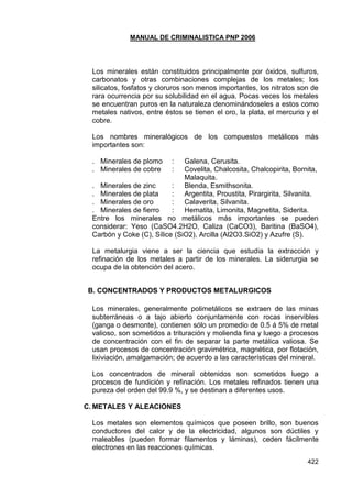 MANUAL DE CRIMINALISTICA PNP 2006 
422 
Los minerales están constituidos principalmente por óxidos, sulfuros, carbonatos y otras combinaciones complejas de los metales; los silicatos, fosfatos y cloruros son menos importantes, los nitratos son de rara ocurrencia por su solubilidad en el agua. Pocas veces los metales se encuentran puros en la naturaleza denominándoseles a estos como metales nativos, entre éstos se tienen el oro, la plata, el mercurio y el cobre. 
Los nombres mineralógicos de los compuestos metálicos más importantes son: 
. Minerales de plomo : Galena, Cerusita. 
. Minerales de cobre : Covelita, Chalcosita, Chalcopirita, Bornita, Malaquita. 
. Minerales de zinc : Blenda, Esmithsonita. 
. Minerales de plata : Argentita, Proustita, Pirargirita, Silvanita. 
. Minerales de oro : Calaverita, Silvanita. 
. Minerales de fierro : Hematita, Limonita, Magnetita, Siderita. 
Entre los minerales no metálicos más importantes se pueden considerar: Yeso (CaSO4.2H2O, Caliza (CaCO3), Baritina (BaSO4), Carbón y Coke (C), Sílice (SiO2), Arcilla (Al2O3.SiO2) y Azufre (S). 
La metalurgia viene a ser la ciencia que estudia la extracción y refinación de los metales a partir de los minerales. La siderurgia se ocupa de la obtención del acero. 
B. CONCENTRADOS Y PRODUCTOS METALURGICOS 
Los minerales, generalmente polimetálicos se extraen de las minas subterráneas o a tajo abierto conjuntamente con rocas inservibles (ganga o desmonte), contienen sólo un promedio de 0.5 á 5% de metal valioso, son sometidos a trituración y molienda fina y luego a procesos de concentración con el fin de separar la parte metálica valiosa. Se usan procesos de concentración gravimétrica, magnética, por flotación, lixiviación, amalgamación; de acuerdo a las características del mineral. 
Los concentrados de mineral obtenidos son sometidos luego a procesos de fundición y refinación. Los metales refinados tienen una pureza del orden del 99.9 %, y se destinan a diferentes usos. 
C. METALES Y ALEACIONES 
Los metales son elementos químicos que poseen brillo, son buenos conductores del calor y de la electricidad, algunos son dúctiles y maleables (pueden formar filamentos y láminas), ceden fácilmente electrones en las reacciones químicas.  