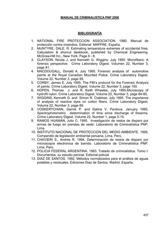 MANUAL DE CRIMINALISTICA PNP 2006 
457 
BIBLIOGRAFÍA 
1. NATIONAL FIRE PROTECCION ASSOCIATION. 1980. Manual de protección contra incendios. Editorial MAPFRE, España. 
2. McINTYRE, DALE, R. Estimating temperature extremes of accidental fires. Calculation & shorcut deskbook, published by Chemical Engineering. McGraw-Hill Inc., New York. Page 6 - 8. 
3. CLAYSON, Nicola J. and Kenneth G. Wiggins. July 1995. Microfibers: A forensic perspective. Crime Laboratory Digest. Volumen 22, Number 3, page 81. 
4. MACDOUGALL, Donald A. July 1995. Forensic analysis of automotive paints at the Royal Canadian Mounted Police. Crime Laboratory Digest. Volume 22, Number 3, page 99. 
5. CORBY, James E. July 1995. The FBI’s protocol for the Forensic Analysis of paints. Crime Laboratory Digest. Volume 22, Number 3, page 100. 
6. HOPEN, Thomas J. and R. Keith Wheeles. July 1995.Microscopy of hydrofil nylon. Crime Laboratory Digest. Volume 22, Number 3, page 84-85. 
7. WIGGINS, Kenneth G. and Simon R. Crabtree. July 1995. The importance of analysis of reactive dyes on cotton fibers. Crime Laboratory Digest. Volume 22, Number 3, page 89. 
8. VOSKERTCHIAN, Garnik P. and Galina V. Pavilova. January 1995. Spectrophotometric determination of time since discharge of firearms. Crime Laboratory Digest. Volume 22, Number 1, page 5-10. 
9. RAMOS HUAMAN, Julio C. 1995. Investigación de restos de disparo por armas de fuego en prendas de vestir. Laboratorio de Criminalística PNP. Lima. 
10. INSTITUTO NACIONAL DE PROTECCION DEL MEDIO AMBIENTE. 1995. Compendio de legislación ambiental peruana. Lima, Perú. 
11. CHAVIERI S., Andrés R. 1994. Determinación de restos de disparo por microscopía electrónica de barrido. Laboratorio de Criminalística PNP. Lima, Perú. 
12. POLICIA FEDERAL ARGENTINA. 1983. Tratado de criminalística. Tomo I: Documentos, su estudio pericial. Editorial policial. 
13. DIAZ DE SANTOS. 1992. Métodos normalizados para el análisis de aguas potables y residuales. Ediciones Diaz de Santos. Madrid, España. 
 