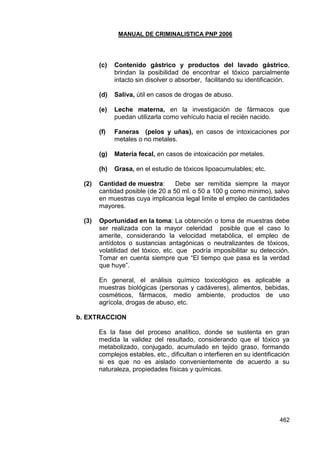 MANUAL DE CRIMINALISTICA PNP 2006 
462 
(c) Contenido gástrico y productos del lavado gástrico, brindan la posibilidad de encontrar el tóxico parcialmente intacto sin disolver o absorber, facilitando su identificación. 
(d) Saliva, útil en casos de drogas de abuso. 
(e) Leche materna, en la investigación de fármacos que puedan utilizarla como vehículo hacia el recién nacido. 
(f) Faneras (pelos y uñas), en casos de intoxicaciones por metales o no metales. 
(g) Materia fecal, en casos de intoxicación por metales. 
(h) Grasa, en el estudio de tóxicos lipoacumulables; etc. 
(2) Cantidad de muestra: Debe ser remitida siempre la mayor cantidad posible (de 20 a 50 ml. o 50 a 100 g como mínimo), salvo en muestras cuya implicancia legal limite el empleo de cantidades mayores. 
(3) Oportunidad en la toma: La obtención o toma de muestras debe ser realizada con la mayor celeridad posible que el caso lo amerite, considerando la velocidad metabólica, el empleo de antídotos o sustancias antagónicas o neutralizantes de tóxicos, volatilidad del tóxico, etc. que podría imposibilitar su detección. Tomar en cuenta siempre que ―El tiempo que pasa es la verdad que huye‖. 
En general, el análisis químico toxicológico es aplicable a muestras biológicas (personas y cadáveres), alimentos, bebidas, cosméticos, fármacos, medio ambiente, productos de uso agrícola, drogas de abuso, etc. 
b. EXTRACCION 
Es la fase del proceso analítico, donde se sustenta en gran medida la validez del resultado, considerando que el tóxico ya metabolizado, conjugado, acumulado en tejido graso, formando complejos estables, etc., dificultan o interfieren en su identificación si es que no es aislado convenientemente de acuerdo a su naturaleza, propiedades físicas y químicas. 
 