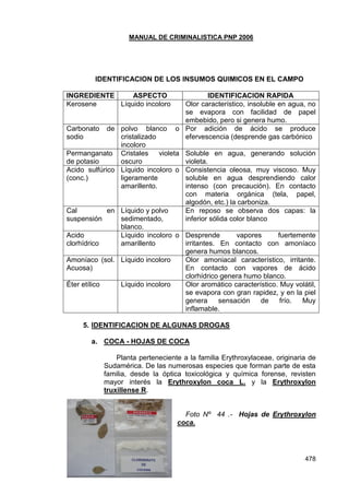 MANUAL DE CRIMINALISTICA PNP 2006 
478 
IDENTIFICACION DE LOS INSUMOS QUIMICOS EN EL CAMPO 
INGREDIENTE 
ASPECTO 
IDENTIFICACION RAPIDA 
Kerosene 
Líquido incoloro 
Olor característico, insoluble en agua, no se evapora con facilidad de papel embebido, pero si genera humo. 
Carbonato de sodio 
polvo blanco o cristalizado incoloro 
Por adición de ácido se produce efervescencia (desprende gas carbónico 
Permanganato de potasio 
Cristales violeta oscuro 
Soluble en agua, generando solución violeta. 
Acido sulfúrico (conc.) 
Líquido incoloro o ligeramente amarillento. 
Consistencia oleosa, muy viscoso. Muy soluble en agua desprendiendo calor intenso (con precaución). En contacto con materia orgánica (tela, papel, algodón, etc.) la carboniza. 
Cal en suspensión 
Líquido y polvo sedimentado, blanco. 
En reposo se observa dos capas: la inferior sólida color blanco 
Acido clorhídrico 
Líquido incoloro o amarillento 
Desprende vapores fuertemente irritantes. En contacto con amoníaco genera humos blancos. 
Amoníaco (sol. Acuosa) 
Líquido incoloro 
Olor amoniacal característico, irritante. En contacto con vapores de ácido clorhídrico genera humo blanco. 
Éter etílico 
Líquido incoloro 
Olor aromático característico. Muy volátil, se evapora con gran rapidez, y en la piel genera sensación de frío. Muy inflamable. 
5. IDENTIFICACION DE ALGUNAS DROGAS 
a. COCA - HOJAS DE COCA 
Planta perteneciente a la familia Erythroxylaceae, originaria de Sudamérica. De las numerosas especies que forman parte de esta familia, desde la óptica toxicológica y química forense, revisten mayor interés la Erythroxylon coca L. y la Erythroxylon truxillense R. 
Foto Nº 44 .- Hojas de Erythroxylon coca. 
 