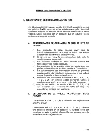 MANUAL DE CRIMINALISTICA PNP 2006 
488 
6. IDENTIFICACIÓN DE DROGAS UTILIZANDO KITS 
Los kits son dispositivos para prueba individual consistente en un tubo plástico flexible en el cual se ha sellado una ampolla de cristal fácilmente rompible. La mayoría de las ampollas contienen 0,5 ml de reactivo. Están cubiertos por un casquillo que en algunos casos contiene una segunda ampolla. 
a. GENERALIDADES RELACIONADAS AL USO DE KITS DE DROGAS 
(1) Los resultados de estas pruebas sirven para la identificación presuntiva de sustancias ilícitas para ayudar a determinar solamente la causa probable. 
(2) El personal que manipule estos dispositivos debe estar lo suficientemente capacitado. 
(3) Los reactivos utilizados en estas pruebas pueden dar falsos positivos o falsos negativos. 
(4) Los resultados de las pruebas deben ser confirmados por profesionales calificados en el laboratorio de Criminalística. 
(5) La contaminación del muestreador usado en pruebas previas podría dar resultados dudosos por lo que deben usarse dispositivos de muestreo limpios. 
(6) Manipular con cuidado los reactivos.Kits N° 2, 3, 6, 7, 8, 14, 24, y 26 por contener ácidos corrosivos fuertes y pueden causar lesión al contacto con la piel y mucosas. 
(7) Manipular con cuidado los reactivos Kits N° 5, 7, 8, y 25 que contienen una sustancia inflamable con riesgo de encender en contacto con una llama. 
b. DESCRIPCIÓN DE LA UNIDAD “NARCOTEST” PARA PRUEBA 
Los reactivos Kits N° 1, 2, 3, 6, y 26 tienen una ampolla cada uno (Ver anexo). 
Los reactivos Kits N° 4, 5, 7, 8, 9, 13, 14, 23, 24, 25, y 27 tienen una segunda ampolla en el casquillo. El cuidado debe ser ejercitado en quitar y sustituir el casquillo para cerciorarse de la ampolla no está rota (Ver anexo). 
 