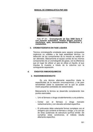 MANUAL DE CRIMINALISTICA PNP 2006 
501 
Foto Nº 54.- Cromatógrafo de Gas 5880 Serie II con inyector automático. Analiza drogas (cocaína, marihuana, opio, benzodeazepinas, fenotiacinas y metabolitos. 
3. CROMATOGRAFIA EN FASE LIQUIDA 
Técnica cromatografía empleada para separar compuestos orgánicos no volátiles y de baja estabilidad térmica. La detección de los componentes de la mezcla se realiza sin ser alterados. Básicamente el equipo consta de los mismos componentes de un cromatógrafo de gases, con la diferencia que en lugar de utilizar un gas se utiliza un líquido, el que impulsa la muestra a través de la columna con la consiguiente separación. 
d. ENSAYOS INMUNOQUIMICOS 
2. RADIOINMUNOENSAYO 
Es una técnica altamente específica (dada la especificidad de la reacción inmunoquímica), y de gran sensibilidad (dada la capacidad con la que se puede medir pequeñas cantidades de radiactividad). 
Básicamente la técnica se desarrolla considerando tres puntos esenciales: 
-. Unir el fármaco o droga covalentemente a una proteína. 
-. Contar con el fármaco o droga marcado radiactivamente y con elevada actividad específica. 
-. El anticuerpo debe solamente formar complejos con el antígeno que contiene el fármaco o droga, y no con los de otras sustancias de estructura química similar. De cumplirse estas condiciones, el método resulta altamente específico. 
 