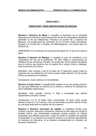 MANUAL DE CRIMINALISTICA INTRODUCCION A LA CRIMINALISTICA 
770 
ANEXO NRO 5 
“NARCOTEST” PARA IDENTIFICACION DE DROGAS 
Reactivo 1 Reactivo de Mayer (1 ampolla) La formación de un precitado blanquecino es indicativo de la presencia de una de los compuestos narcóticos generales (o de las anfetaminas). Proceda a la prueba No. 2 (reactivo de Marquis), una prueba para los narcóticos. Si no se forma ningún precipitado, proceda a la prueba No. 5 (reactivo de Dille-Koppanyi), una prueba para los barbitúricos. 
CONTENIDO: 0,5 ml solución de mercurato del potasio al 1% de una tri-iodo en agua. 
Reactivo 2 Reactivo de Marquis (1 ampolla) A para los narcóticos y los compuestos del tipo de la anfetamina. El color violeta a rojizo-púrpura es indicativa de los narcóticos. Proceda a la prueba No. 24 del reactivo de Mecke para la heroína que confirma con el reactivo No.3 (ácido nítrico) a distinguir entre la heroína y la morfina. 
Resultado: color naranja a rojo en el plazo de 12 segundos puede indicar la presencia de una anfetamina. El marrón puede indicar demerol. El rojo puede indicar la presencia de mescalina. 
Composición: Acido sulfúrico con formaldehido. 
Reactivo 3 ácido nítrico (1 ampolla) Este reactivo no es una prueba primaria. Se usa para diferenciar la heroína de la morfina y confirmar la identidad de otros materiales sospechosos. 
Resultado: Color amarillo: heroina; b. Rojo a anaranjado que cambia rápidamente a amarillo: morfina. 
Composición: 0.5 ml of ácido nítrico concentrado. El ácido nítrico puede disolver el tubo en 3 a 5 minutos. Una vez terminada la prueba colocar el tubo en una bolsa adecuada sin juntarlo con otro reactivo. 
Reactivo 4 Reactivo Tiocianato de cobalto (2 ampollas) Prueba para cocaína, procaína, dibucaína y tetracaína. Observar el color luego de romper la ampolla inferior. Las mencionadas sustancias pueden producir un intenso precipitado azul brillante escamoso. Luego de romper la ampolla del casquillo el precipitado no se disuelve si se trata de cocaína, si se disuelve parcialmente es indicativo de dibucaína. Si se disuelve completamente es indicativo de procaína o tetracaína.  
