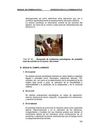 MANUAL DE CRIMINALISTICA INTRODUCCION A LA CRIMINALISTICA 
799 
desorganizado así como determinar otros elementos que van a contribuir significativamente al esclarecimiento del hecho delictivo. 
La escena constituye un documento viviente de las acciones del agresor, así como de su víctima y base para las interpretaciones del hecho en sí. 
Foto Nº 55.- Busqueda de evidencias psicologicas de probable caso de suicidio en la escena del crimen 
B. SEGUN EL CAMPO JURIDICO 
1. En lo penal 
Se realizan pericias psicológicas forenses en casos ligados a aspectos legales o judiciales como: Homicidios, violaciones, lesiones, TID, suicidios, etc.; así como en la determinación de la competencia de los sujetos para acudir a juicio, la valoración de la imputabilidad y responsabilidad y la predicción de la peligrosidad y de la conducta violenta. 
2. En lo civil 
Se efectúa evaluaciones psicológicas en casos de separación, divorcio, tenencia de menor, adopción, incapacidad civil, interdicción, y derecho de familia. 
3. En lo laboral 
El psicólogo forense se pronuncia en diversos casos como capacidad laboral, indemnizaciones y en la valoración de los trastornos, incapacidades o invalidez (en sus diversos grados) que afectan al rendimiento laboral de los individuos como consecuencia de un accidente, o alteración funcional, producida bien por el trabajo mismo o independientemente de éste.  
