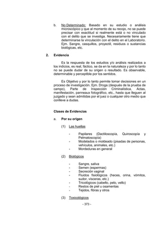 - 373 - 
b. No Determinado: Basado en su estudio o análisis microscópico y que al momento de su recojo, no se puede precisar con exactitud si realmente está o no vinculado con el delito que se investiga. Necesariamente tiene que determinarse la vinculación con el delito en el Laboratorio. Ejm. Sangre, casquillos, proyectil, residuos o sustancias biológicas, etc. 
2. Evidencia 
Es la respuesta de los estudios y/o análisis realizados a los indicios, es real, fáctico, se da en la naturaleza y por lo tanto no se puede dudar de su origen o resultado. Es observable, determinable y perceptible por los sentidos. 
Es Objetivo y por lo tanto permite tomar decisiones en un proceso de investigación. Ejm. Droga (después de la prueba de campo), Parte de Inspección Criminalística, Actas, manifestación, panneaux fotográfico, etc., hasta que lleguen al juzgado y sean admitidas por el juez o cualquier otro medio que conlleve a dudas. 
Clases de Evidencias 
a. Por su origen 
(1) Las huellas 
- Papilares (Dactiloscopía, Quiroscopía y Pelmatoscopía) 
- Modelados o moldeado (pisadas de personas, vehículos, animales, etc.) 
- Mordeduras en general 
(2) Biológicos 
- Sangre, saliva 
- Semen (espermas) 
- Secreción vaginal 
- Fluidos fisiológicos (heces, orina, vómitos, sudor, vísceras, etc.) 
- Tricológicos (cabello, pelo, vello) 
- Restos de piel u osamentas 
- Tejidos, fibras y otros 
(3) Toxicológicos  