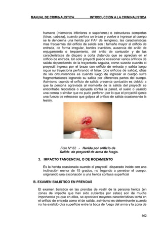 MANUAL DE CRIMINALISTICA INTRODUCCION A LA CRIMINALISTICA 
862 
humano (miembros inferiores o superiores) o estructuras completas (tórax, cabeza), cuando perfora un brazo y vuelve a ingresar al cuerpo se le denomina una herida por PAF de reingreso, las características mas frecuentes del orificio de salida son : tamaño mayor al orificio de entrada, de forma irregular, bordes evertidos, ausencia del anillo de enjugamiento o limpiamiento, del anillo de contusión y de las características de disparo a corta distancia que se aprecian en el orificio de entrada. Un solo proyectil puede ocasionar varios orificios de salida dependiendo de la trayectoria seguida, como sucede cuando el proyectil ingresa por el brazo con orificio de entrada y salida luego sigue su trayectoria perforando el tórax (dos orificios de salida), otras de las circunstancias es cuando luego de ingresar al cuerpo sufre fragmentaciones logrando su salida por diferentes partes del cuerpo. Asimismo cuando el orificio de salida presenta contusión es debido a que la persona agraviada al momento de la salida del proyectil se encontraba recostada o apoyada contra la pared, el suelo o usando una correa o similar que no pudo perforar, por lo que el proyectil ejerce una fuerza de retroceso que golpea al orificio de salida ocasionando la lesión. 
Foto Nº 62 .- Herida por orificio de 
Salida de proyectil de arma de fuego. 
3. IMPACTO TANGENCIAL O DE ROZAMIENTO 
Es la herida ocasionada cuando el proyectil disparado incide con una inclinación menor de 15 grados, no llegando a penetrar el cuerpo, originando una excoriación o una herida contusa superficial 
B. EXAMEN BALISTICO EN PRENDAS 
El examen balístico en las prendas de vestir de la persona herida (en zonas de impacto que han sido cubiertas por estas) son de mucha importancia ya que en ellas, se apreciara mayores características tanto en el orificio de entrada como el de salida, asimismo es determinante cuando no ha existido otra superficie entre la boca de fuego del arma y la zona de  