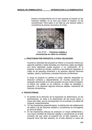 MANUAL DE CRIMINALISTICA INTRODUCCION A LA CRIMINALISTICA 
865 
fractura correspondiente (en la cara opuesta al impacto en las fracturas radiales; en la cara que recibe el impacto, en las concéntricas). Para saber si se trata de una fractura radial o concéntrica es preciso reconstruir el cristal. 
Foto Nº 63 .- Fracturas radiales y 
concentricas en vidrio en cristales. 
c. FRACTURAS POR PROYECTIL A POCA VELOCIDAD 
Cuando la velocidad del proyectil es inferior a cincuenta metros por segundo (piedras o bolas lanzadas con tirachinas, balas que llegan con poca velocidad) puede producir o no, perforación. Si la produce, el orificio es circular, uniforme y de contornos regulares; el cráter es de pequeña dimensión y se aprecian algunas fracturas radiales, claras y rectilíneas y escasas fracturas concéntricas. 
A veces el proyectil no perfora el cristal, saliendo despedido en dirección contraria y desprendiendo, en muchas ocasiones, un casquete semicircular en la cara opuesta a la que recibe el impacto; el orificio (sin salida) no es uniforme, el cráter es estrellado y pequeño, y se observan algunas fracturas radiales, careciendo de fracturas concéntricas. 
4. TRAYECTORIAS 
3. El sentido de la dirección de la trayectoria se determinara, en las perforaciones, en base a la observación de las bocas menor y mayor del cráter, que se corresponden con la entrada y la salida del proyectil, respectivamente. 
4. En las trayectorias perpendiculares, la distribución del astillamiento de salida y de las fracturas radiales y concéntricas es homogénea en torno al orificio. 
5. En las trayectorias oblicuas se producen un mayor astillamiento y una mayor cantidad de fracturas radiales y concéntricas en el lado contrario del que viene el proyectil (en el lado izquierdo, si el proyectil viene del lado derecho; en el lado derecho si viene del  