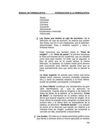 MANUAL DE CRIMINALISTICA INTRODUCCION A LA CRIMINALISTICA 
782 
-Recta 
-Ondulada 
-Cóncava 
-Convexa 
-Creciente 
-Decreciente 
Escalonada o imbricada 
-Imbrincada 
2 Las líneas que limitan la caja de escritura.- De la definición de caja de escritura, se deduce que existen dos líneas, que en sí son imaginarias, que la delimitan, denominadas: línea o limitante superior y línea o limitante inferior. 
Cabe mencionar que también existe la “línea de renglón” y la “línea de pauta”; la primera constituye la línea pre-impresa de los cuadernos, que es utilizada como guía para escribir; en tanto que la segunda, si bien es cierto que se le puede atribuir la misma definición, no obstante, en nuestro medio dicho término está circunscrito para referirse aquella línea que se traza expresamente para que sobre ella se ejecute la firma. 
La línea superior se estudia para anotar qué forma adopta (recta, cóncava, convexa, ondulada, creciente, etc.) y cómo se presenta respecto a la línea inferior; puede ser paralela, convergente, o divergente. 
La línea inferior constituye una característica de gran valor identificatorio, ya que su ejecución es inconsciente. Cuando esta es tangente a las bases de todas las letras de la palabra, se le denomina “Línea de Base”, la importancia de su análisis radica en la forma que expone respecto a la línea de renglón. Si la línea inferior es trazada recta y tangente a la base de la primera letra y la última letra no sobresaliente de la palabra, se denomina “limitante basilar” y su estudio se centra en la dirección que adopta con relación a la indicada línea de renglón, pudiendo ser horizontal si coincide con ella, ascendente o descendente. 
3 Los óvalos.- El óvalo es un desenvolvimiento gráfico curvo que tiende a cerrarse sobre sí mismo ejecutado en sentido  
