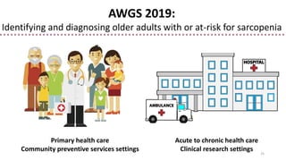 Acute to chronic
health care or
clinical research
sengs
AWGS 2019:
Identifying and diagnosing older adults with or at-risk for sarcopenia
Primary health care
Community preventive services settings
Acute to chronic health care
Clinical research settings
25
 