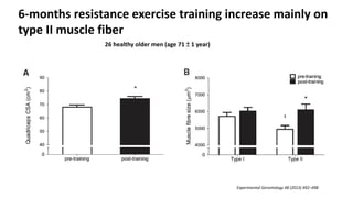 Experimental Gerontology 48 (2013) 492–498
6-months resistance exercise training increase mainly on
type II muscle fiber
26 healthy older men (age 71 ± 1 year)
 