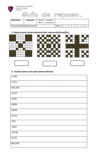 Fundación Familia Cruz Magnani
Colegio Villa Nonguén
Concepción
1. Expresacomo númerodecimal cada representacióngráfica.
2. Escribe comose lee cada númerodecimal.
1,256:
2,325:
656,324:
4,327:
3,641:
0,003:
0,034:
0,123:
13,6
74,82
129,36
0,123
603,670
Matemática Decimales Quinto
Básico
Nombre
Estudiante
Profesor(a) WendyÁlvarezAlarcón RUN -
 