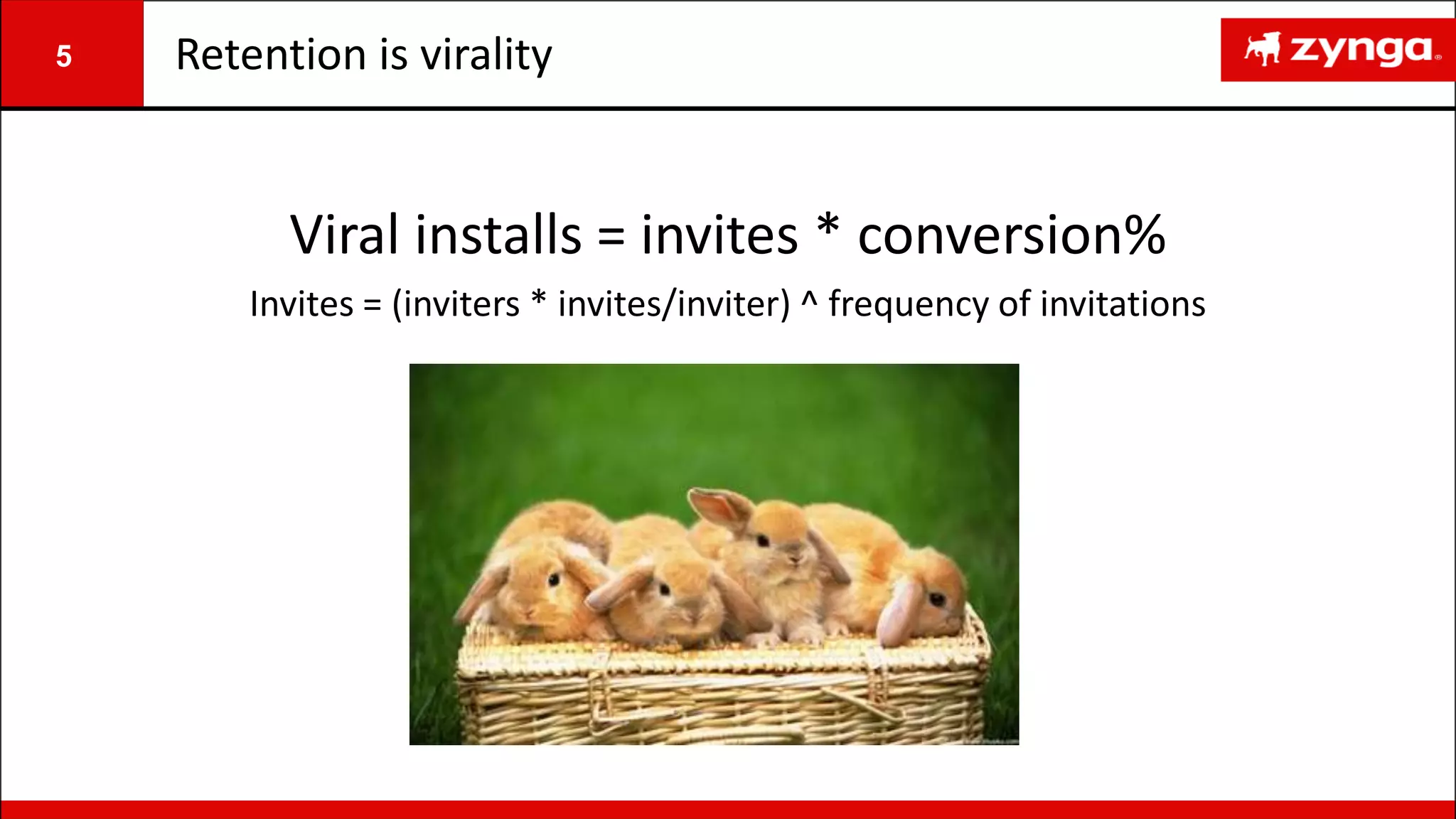 5
Viral installs = invites * conversion%
Invites = (inviters * invites/inviter) ^ frequency of invitations
Retention is virality
 