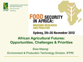 African Agricultural Futures:
  Opportunities, Challenges & Priorities
                  Siwa Msangi
Environment & Production Technology Division, IFPRI
 