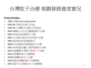 台灣粒子治療 規劃發展進度實況
Proton/Carbon
• 1990: 美國 Loma Linda proton
• 1992-96: 長庚 /北榮/ 台大&…
• 1995-96: 台灣質子治療可行性評估
• 2001-2006台大竹北生醫園區質子治療
• 2007:長庚宣布設置質子治療
• 2007:台大/郭台銘合作宣布質子治療
• 2007:張榮發宣布設置重粒子
• 2009台北榮總宣布設置重粒子治療
• 2012-13:彰基/北醫/三總/馬偕質子治療
• 2014中國醫藥大學質子/(重粒子治療 )
• 2015長庚醫院質子治療開始
• 2016慈濟醫院重粒子治療
• 2019高雄長庚醫院質子治療開始
• 2022 預計台北榮總重粒子治療開始 13
 