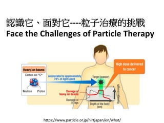 認識它、面對它----粒子治療的挑戰
Face the Challenges of Particle Therapy
https://www.particle.or.jp/hirtjapan/en/what/
 
