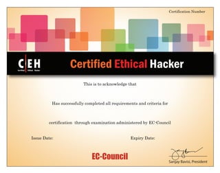 EC-Council
This is to acknowledge that
Certified Ethical Hacker
Certification Number
Sanjay Bavisi, President
Has successfully completed all requirements and criteria for
certification through examination administered by EC-Council
C EH
TM
Certified Ethical Hacker
Issue Date: :Expiry Date
ECC60139912249
Asaad Morman
Certified Ethical Hacker v7
31 August, 2012 31 December, 2015
 