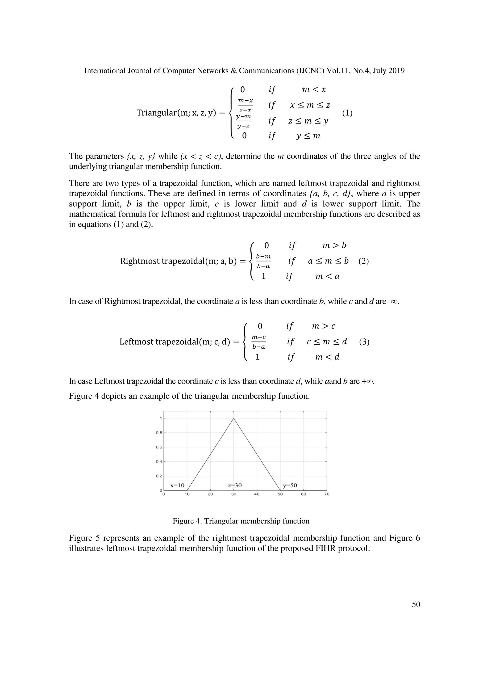 International Journal of Computer Networks & Communica
Triangular
The parameters {x, z, y} while
underlying triangular membership function.
There are two types of a trapezoidal function, which are named leftmost trapezoidal and rightmost
trapezoidal functions. These are defined in terms of coordinates
support limit, b is the upper limit,
mathematical formula for leftmost and rightmost trapezoidal membership functions are described as
in equations (1) and (2).
Rightmost	trapezoidal
In case of Rightmost trapezoidal, the coordinate
Leftmost	trapezoidal
In case Leftmost trapezoidal the coordinate
Figure 4 depicts an example of the triangular m
Figure 5 represents an example of the rightmost trapezoidal membership function and Figure 6
illustrates leftmost trapezoidal membership function of the proposed FIHR protocol.
Figure
Computer Networks & Communications (IJCNC) Vol.11, No.4, July
Triangular m;	x,	z,	y
			0												"#													$ % &								
'()
*()
							"#							& + $ + ,				
-('
-(*
								"#						, + $ + .						
0											"#										. + $							
/(1)
while (x < z < c), determine the m coordinates of the three angles of the
underlying triangular membership function.
There are two types of a trapezoidal function, which are named leftmost trapezoidal and rightmost
These are defined in terms of coordinates {a, b, c, d}
is the upper limit, c is lower limit and d is lower support limit.
mathematical formula for leftmost and rightmost trapezoidal membership functions are described as
Rightmost	trapezoidal m;	a,	b 1
					0										"#													$ 2 3		
4('
4(5
								"#						6 + $ + 3	
1										"#											$ % 6					
In case of Rightmost trapezoidal, the coordinate a is less than coordinate b, while c
Leftmost	trapezoidal m;	c,	d 1
					0												"#									$ 2 9							
'(:
4(5
										"#						9 + $ + ;	
1														"#										$ % ;					
In case Leftmost trapezoidal the coordinate c is less than coordinate d, while aand b
Figure 4 depicts an example of the triangular membership function.
represents an example of the rightmost trapezoidal membership function and Figure 6
illustrates leftmost trapezoidal membership function of the proposed FIHR protocol.
Figure 4. Triangular membership function
tions (IJCNC) Vol.11, No.4, July 2019
50
/(1)
coordinates of the three angles of the
There are two types of a trapezoidal function, which are named leftmost trapezoidal and rightmost
{a, b, c, d}, where a is upper
is lower support limit. The
mathematical formula for leftmost and rightmost trapezoidal membership functions are described as
					
				
		
/(2)
c and d are -∞.
					
				
		
/(3)
are +∞.
represents an example of the rightmost trapezoidal membership function and Figure 6
illustrates leftmost trapezoidal membership function of the proposed FIHR protocol.
 