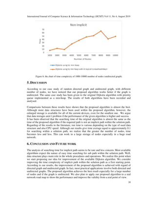 International Journal of Computer Science & Information Technology (IJCSIT) Vol 11, No 4, August 2019
39
Figure 8. the chart of time complexity of 1000-10000 number of nodes (undirected graph)
5. DISCUSSION
According to our case study of random directed graph and undirected graph, with different
number of nodes, we have noticed that our proposed algorithm works better if the graph is
undirected. The same case study has been given to the original Dijkstra algorithm with priority
queue implemented as a min-heap. The results of both algorithms have been recorded and
analysed.
Comparisons between these results have shown that the proposed algorithm is almost the best.
Although more data structures have been used within the proposed algorithm, however, the
enlarged storage is available for all of the current devices, even for the smallest one. We argue
that data storages aren’t problem if the performance of the given algorithm is higher and success.
It has been observed that the searching time of the original algorithm is almost the same as the
time of the proposed algorithm if the required path is not an implicit path within the solution path.
Regarding of the results in the literature, run time is various depending on the type of used data
structure and also CPU speed. Although our results give time average equal to approximately 0.1
for searching within a solution path, we realize that the greater the number of nodes, time
becomes less and less. This can work in a large storage of nodes especially in a huge road
network.
6. CONCLUSION AND FUTURE WORK
The analysis of searching time for implicit path seems to be rare and less concern. Most available
algorithms expect the nature of easy time searching for sub path within the solution path. Well,
data structure plays main role in the whole procedures and operations. We realize this point when
we start proposing our idea for improvement of the available Dijkstra algorithm. We consider
improving the time complexity of implicit path within the solution path as a first starting point.
According to our results, the improvement of the proposed algorithm is achieved with regard of
directed graph and undirected graph. In fact, most practical applications involve both directed and
undirected graphs. The proposed algorithm achieves the best result especially for a large number
of nodes and if the graph is undirected. We also plan to apply our proposed algorithm to a real
network road map to show the performance and improve the validity from a real point of view.
 