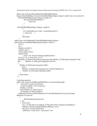 International Journal of Computer Science & Information Technology (IJCSIT) Vol 11, No 4, August 2019
30
public static boolean dublecateData(LinkedHashMap<Integer,
Integer>IndexHashMap1,ArrayList<LinkedHashMap<Integer, Integer>> paths11,int srcc1,int destt1){
for(LinkedHashMap<Integer, Integer> p:paths11){
if(p.equals(IndexHashMap1)){
return true;
}
}
for(LinkedHashMap<Integer, Integer> s:paths11)
{
if( s.containsKey(srcc1) && s.containsKey(destt1) )
{ return true; }
}
return false;
}
public static void Addtolinked1(LinkedHashMap<Integer,Integer>
path,ArrayList<LinkedHashMap<Integer,Integer>> paths1){
int ii=1;
int i;
if(paths1.size()>0 ){
i=paths1.size()-1;
}else{i=paths1.size();}
if(path!=null){
comp = new ArrayList<Integer>(path.keySet());
for (int j = 0; j < comp.size() ; j++) {
if(Number_of_Nodes.containsKey(comp.get(j)) && Number_of_Nodes.get(comp.get(j))!=null
&& Number_of_Nodes.get(comp.get(j)).size()>0)
{
Number_of_Nodes.get(comp.get(j)).add(i);
}else{
Number_of_Nodes.put(comp.get(j),new ArrayList<Integer>());
Number_of_Nodes.get(comp.get(j)).add(i);
}
} comp.clear();
} }
//searching operation
public static ArrayList findShortestPathsDS(int src,int dest,Graph graph)
{ start_time2 = System.nanoTime();
ArrayList subPath = new ArrayList();
Number_of_Nodes
From=Number_of_Nodes.get(src);
To=Number_of_Nodes.get(dest);
if(MainClass.From!=null && MainClass.To!=null && MainClass.From.size()>0 &&
MainClass.To.size()>0)
{
SO=FoundContains(From,To);
} else
{ time11=0.0;
text = "n The path is not implicit, So The path will be calculated using Dijkstra";
subPath= (ArrayList)graph.findShortestPaths(src, dest);
end_time2 = System.nanoTime();
difference2 = (end_time2 - start_time2) / 1e6;
 
