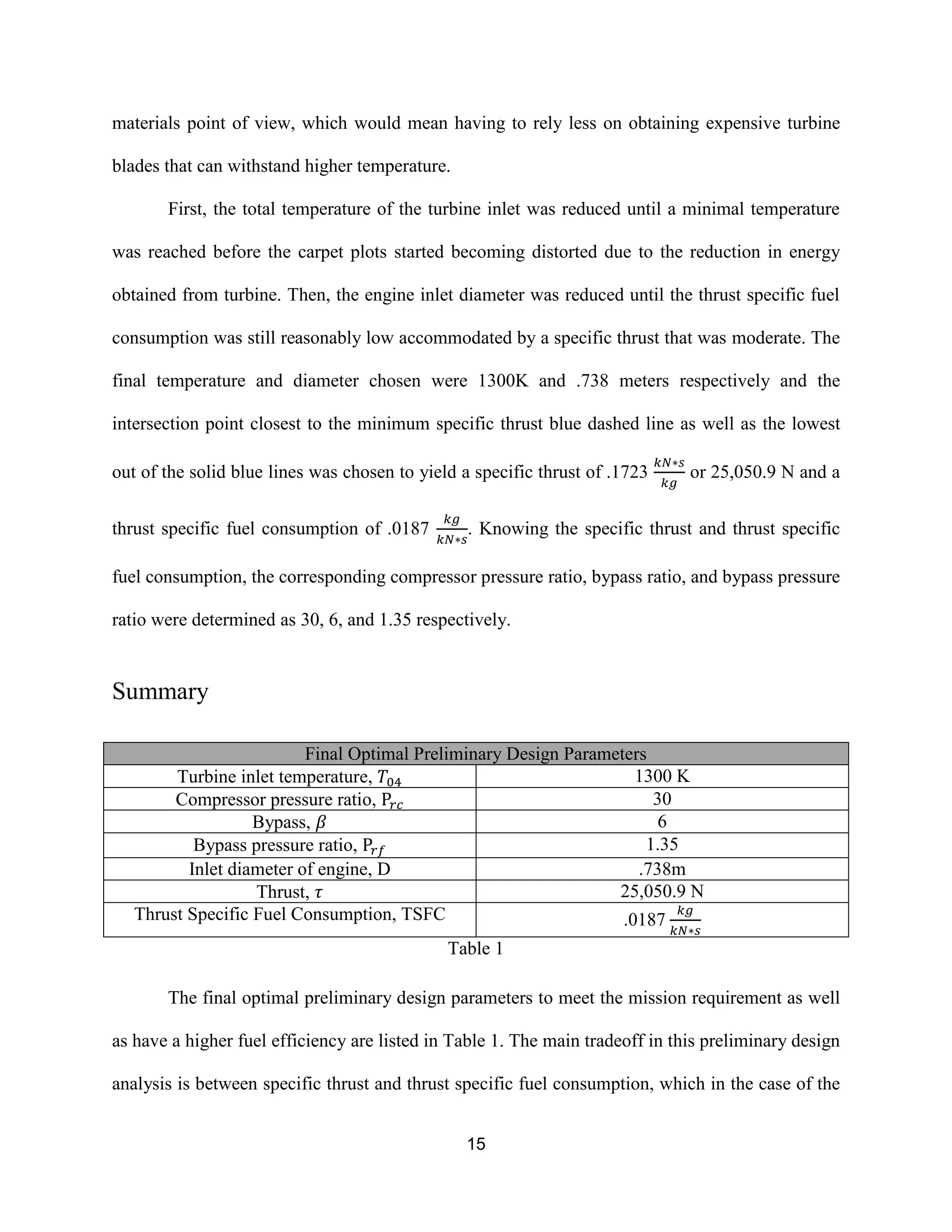 15
materials point of view, which would mean having to rely less on obtaining expensive turbine
blades that can withstand higher temperature.
First, the total temperature of the turbine inlet was reduced until a minimal temperature
was reached before the carpet plots started becoming distorted due to the reduction in energy
obtained from turbine. Then, the engine inlet diameter was reduced until the thrust specific fuel
consumption was still reasonably low accommodated by a specific thrust that was moderate. The
final temperature and diameter chosen were 1300K and .738 meters respectively and the
intersection point closest to the minimum specific thrust blue dashed line as well as the lowest
out of the solid blue lines was chosen to yield a specific thrust of .1723 or 25,050.9 N and a
thrust specific fuel consumption of .0187 . Knowing the specific thrust and thrust specific
fuel consumption, the corresponding compressor pressure ratio, bypass ratio, and bypass pressure
ratio were determined as 30, 6, and 1.35 respectively.
Summary
Final Optimal Preliminary Design Parameters
Turbine inlet temperature, 1300 K
Compressor pressure ratio, 30
Bypass, 6
Bypass pressure ratio, 1.35
Inlet diameter of engine, D .738m
Thrust, 25,050.9 N
Thrust Specific Fuel Consumption, TSFC .0187
Table 1
The final optimal preliminary design parameters to meet the mission requirement as well
as have a higher fuel efficiency are listed in Table 1. The main tradeoff in this preliminary design
analysis is between specific thrust and thrust specific fuel consumption, which in the case of the
 
