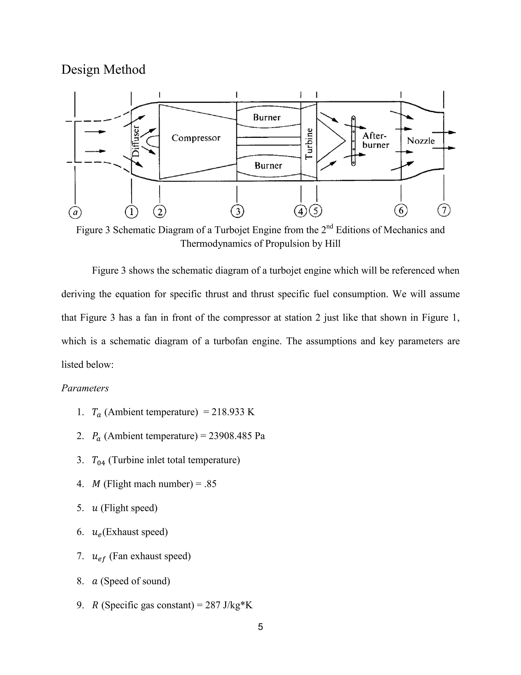 5
Design Method
Figure 3 Schematic Diagram of a Turbojet Engine from the 2nd
Editions of Mechanics and
Thermodynamics of Propulsion by Hill
Figure 3 shows the schematic diagram of a turbojet engine which will be referenced when
deriving the equation for specific thrust and thrust specific fuel consumption. We will assume
that Figure 3 has a fan in front of the compressor at station 2 just like that shown in Figure 1,
which is a schematic diagram of a turbofan engine. The assumptions and key parameters are
listed below:
Parameters
1. (Ambient temperature) = 218.933 K
2. (Ambient temperature) = 23908.485 Pa
3. (Turbine inlet total temperature)
4. (Flight mach number) = .85
5. (Flight speed)
6. (Exhaust speed)
7. (Fan exhaust speed)
8. (Speed of sound)
9. (Specific gas constant) = 287 J/kg*K
 