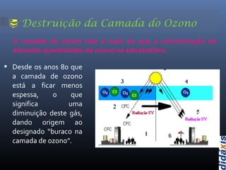  Destruição da Camada do Ozono
A camada de ozono não é mais do que a concentração de
elevadas quantidades de ozono na estratosfera.
 Desde os anos 80 que
a camada de ozono
está a ficar menos
espessa, o que
significa uma
diminuição deste gás,
dando origem ao
designado “buraco na
camada de ozono”.
 