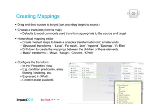 Creating Mappings
Drag and drop source to target (can also drag target to source)
Choose a transform (how to map)
– Defaults to most commonly used transform appropriate to the source and target
Hierarchical mapping editor
– Create ‘nested’ maps to break a complex transformation into smaller units
– ‘Structural’ transforms – ‘Local’, ‘For each’, ‘Join’, ‘Append’, ‘Submap’, ‘If / Else’
– Drill down to create the mappings between the children of these elements
– ‘Basic’ transforms – ‘Move’, ‘Assign’, ‘Convert’, ‘XPath’
Configure the transform
– In the ‘Properties’ view
– E.g. condition predicates, array
filtering / ordering, etc.
– Expressed in XPath
– Content assist available
 