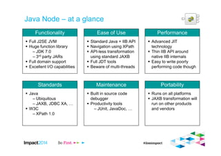 Java Node – at a glance
Performance
Advanced JIT
technology
Thin IIB API around
native IIB internals
Easy to write poorly
performing code though
Functionality
Full J2SE JVM
Huge function library
– JDK 7.0
– 3rd party JARs
Full domain support
Excellent I/O capabilities
Ease of Use
Standard Java + IIB API
Navigation using XPath
API-less transformation
using standard JAXB
Full JDT tools
Beware of multi-threads
Portability
Runs on all platforms
JAXB transformation will
run on other products
and vendors
Standards
Java
– Ubiquitous
– JAXB, JDBC XA,
W3C
– XPath 1.0
Maintenance
Built in source code
debugger
Productivity tools
– JUnit, JavaDoc,
 