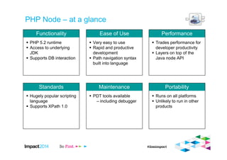 PHP Node – at a glance
Performance
Trades performance for
developer productivity
Layers on top of the
Java node API
Functionality
PHP 5.2 runtime
Access to underlying
JDK
Supports DB interaction
Ease of Use
Very easy to use
Rapid and productive
development
Path navigation syntax
built into language
Portability
Runs on all platforms
Unlikely to run in other
products
Standards
Hugely popular scripting
language
Supports XPath 1.0
Maintenance
PDT tools available
– including debugger
 