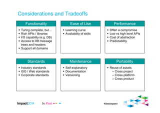 Considerations and Tradeoffs
Performance
Often a compromise
Low vs high level APIs
Cost of abstraction
Predictability
Functionality
Turing complete, but
Rich APIs / libraries
I/O capability (e.g. DB)
Access to IIB message
trees and headers
Support all domains
Ease of Use
Learning curve
Availability of skills
Portability
Reuse of assets
– Cross project
– Cross platform
– Cross product
Standards
Industry standards
ISO / Web standards
Corporate standards
Maintenance
Self explanatory
Documentation
Versioning
 