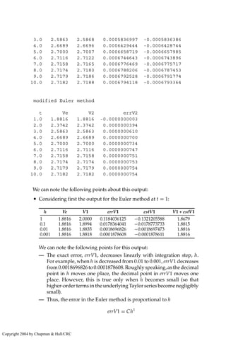 3.0 2.5863 2.5868 0.0005836997 -0.0005836386
4.0 2.6689 2.6696 0.0006429444 -0.0006428744
5.0 2.7000 2.7007 0.0006658719 -0.0006657985
6.0 2.7116 2.7122 0.0006744643 -0.0006743896
7.0 2.7158 2.7165 0.0006776469 -0.0006775717
8.0 2.7174 2.7180 0.0006788206 -0.0006787453
9.0 2.7179 2.7186 0.0006792528 -0.0006791774
10.0 2.7182 2.7188 0.0006794118 -0.0006793364
modified Euler method
t Ve V2 errV2
1.0 1.8816 1.8816 -0.0000000003
2.0 2.3742 2.3742 0.0000000394
3.0 2.5863 2.5863 0.0000000610
4.0 2.6689 2.6689 0.0000000700
5.0 2.7000 2.7000 0.0000000734
6.0 2.7116 2.7116 0.0000000747
7.0 2.7158 2.7158 0.0000000751
8.0 2.7174 2.7174 0.0000000753
9.0 2.7179 2.7179 0.0000000754
10.0 2.7182 2.7182 0.0000000754
We can note the following points about this output:
• Considering first the output for the Euler method at t = 1:
h Ve V1 errV1 estV1 V1 + estV1
1 1.8816 2.0000 0.1184036125 −0.1321205588 1.8679
0.1 1.8816 1.8994 0.0178364041 −0.0178773733 1.8815
0.01 1.8816 1.8835 0.0018696826 −0.0018697473 1.8816
0.001 1.8816 1.8818 0.0001878608 −0.0001878611 1.8816
We can note the following points for this output:
— The exact error, errV1, decreases linearly with integration step, h.
For example, when h is decreased from 0.01 to 0.001, errV1 decreases
from0.0018696826to0.0001878608.Roughlyspeaking,asthedecimal
point in h moves one place, the decimal point in errV1 moves one
place. However, this is true only when h becomes small (so that
higher-order terms in the underlying Taylor series become negligibly
small).
— Thus, the error in the Euler method is proportional to h
errV1 = Ch1
Copyright 2004 by Chapman  Hall/CRC
 