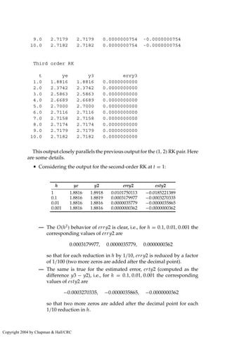 9.0 2.7179 2.7179 0.0000000754 -0.0000000754
10.0 2.7182 2.7182 0.0000000754 -0.0000000754
Third order RK
t ye y3 erry3
1.0 1.8816 1.8816 0.0000000000
2.0 2.3742 2.3742 0.0000000000
3.0 2.5863 2.5863 0.0000000000
4.0 2.6689 2.6689 0.0000000000
5.0 2.7000 2.7000 0.0000000000
6.0 2.7116 2.7116 0.0000000000
7.0 2.7158 2.7158 0.0000000000
8.0 2.7174 2.7174 0.0000000000
9.0 2.7179 2.7179 0.0000000000
10.0 2.7182 2.7182 0.0000000000
This output closely parallels the previous output for the (1, 2) RK pair. Here
are some details.
• Considering the output for the second-order RK at t = 1:
h ye y2 erry2 esty2
1 1.8816 1.8918 0.0101750113 −0.0185221389
0.1 1.8816 1.8819 0.0003179977 −0.0003270335
0.01 1.8816 1.8816 0.0000035779 −0.0000035865
0.001 1.8816 1.8816 0.0000000362 −0.0000000362
— The O(h2
) behavior of erry2 is clear, i.e., for h = 0.1, 0.01, 0.001 the
corresponding values of erry2 are
0.0003179977, 0.0000035779, 0.0000000362
so that for each reduction in h by 1/10, erry2 is reduced by a factor
of 1/100 (two more zeros are added after the decimal point).
— The same is true for the estimated error, erty2 (computed as the
difference y3 − y2), i.e., for h = 0.1, 0.01, 0.001 the corresponding
values of esty2 are
−0.0003270335, −0.0000035865, −0.0000000362
so that two more zeros are added after the decimal point for each
1/10 reduction in h.
Copyright 2004 by Chapman  Hall/CRC
 