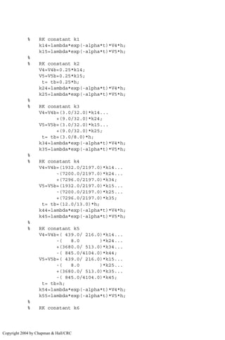 % RK constant k1
k14=lambda*exp(-alpha*t)*V4*h;
k15=lambda*exp(-alpha*t)*V5*h;
%
% RK constant k2
V4=V4b+0.25*k14;
V5=V5b+0.25*k15;
t= tb+0.25*h;
k24=lambda*exp(-alpha*t)*V4*h;
k25=lambda*exp(-alpha*t)*V5*h;
%
% RK constant k3
V4=V4b+(3.0/32.0)*k14...
+(9.0/32.0)*k24;
V5=V5b+(3.0/32.0)*k15...
+(9.0/32.0)*k25;
t= tb+(3.0/8.0)*h;
k34=lambda*exp(-alpha*t)*V4*h;
k35=lambda*exp(-alpha*t)*V5*h;
%
% RK constant k4
V4=V4b+(1932.0/2197.0)*k14...
-(7200.0/2197.0)*k24...
+(7296.0/2197.0)*k34;
V5=V5b+(1932.0/2197.0)*k15...
-(7200.0/2197.0)*k25...
+(7296.0/2197.0)*k35;
t= tb+(12.0/13.0)*h;
k44=lambda*exp(-alpha*t)*V4*h;
k45=lambda*exp(-alpha*t)*V5*h;
%
% RK constant k5
V4=V4b+( 439.0/ 216.0)*k14...
-( 8.0 )*k24...
+(3680.0/ 513.0)*k34...
-( 845.0/4104.0)*k44;
V5=V5b+( 439.0/ 216.0)*k15...
-( 8.0 )*k25...
+(3680.0/ 513.0)*k35...
-( 845.0/4104.0)*k45;
t= tb+h;
k54=lambda*exp(-alpha*t)*V4*h;
k55=lambda*exp(-alpha*t)*V5*h;
%
% RK constant k6
Copyright 2004 by Chapman  Hall/CRC
 