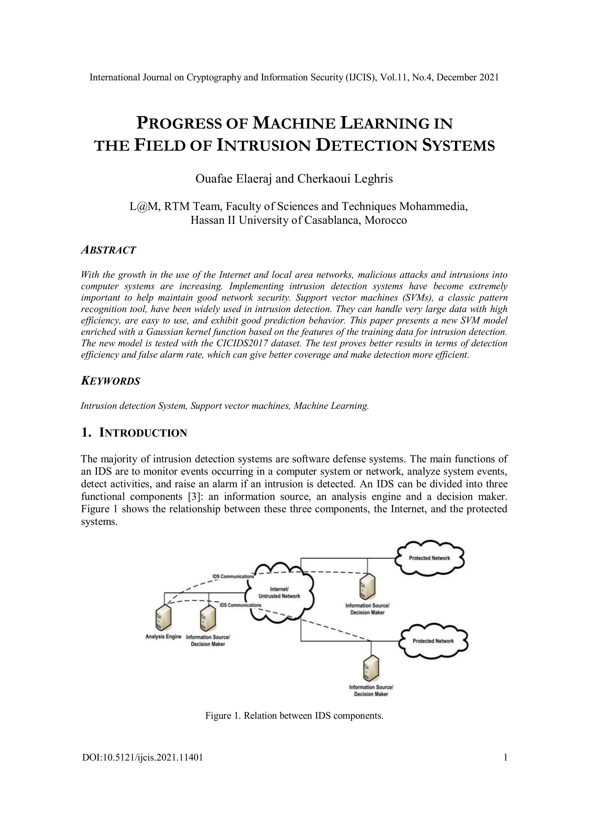 International Journal on Cryptography and Information Security (IJCIS), Vol.11, No.4, December 2021
DOI:10.5121/ijcis.2021.11401 1
PROGRESS OF MACHINE LEARNING IN
THE FIELD OF INTRUSION DETECTION SYSTEMS
Ouafae Elaeraj and Cherkaoui Leghris
L@M, RTM Team, Faculty of Sciences and Techniques Mohammedia,
Hassan II University of Casablanca, Morocco
ABSTRACT
With the growth in the use of the Internet and local area networks, malicious attacks and intrusions into
computer systems are increasing. Implementing intrusion detection systems have become extremely
important to help maintain good network security. Support vector machines (SVMs), a classic pattern
recognition tool, have been widely used in intrusion detection. They can handle very large data with high
efficiency, are easy to use, and exhibit good prediction behavior. This paper presents a new SVM model
enriched with a Gaussian kernel function based on the features of the training data for intrusion detection.
The new model is tested with the CICIDS2017 dataset. The test proves better results in terms of detection
efficiency and false alarm rate, which can give better coverage and make detection more efficient.
KEYWORDS
Intrusion detection System, Support vector machines, Machine Learning.
1. INTRODUCTION
The majority of intrusion detection systems are software defense systems. The main functions of
an IDS are to monitor events occurring in a computer system or network, analyze system events,
detect activities, and raise an alarm if an intrusion is detected. An IDS can be divided into three
functional components [3]: an information source, an analysis engine and a decision maker.
Figure 1 shows the relationship between these three components, the Internet, and the protected
systems.
Figure 1. Relation between IDS components.
 