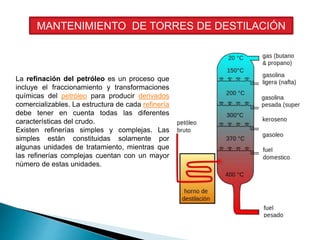 MANTENIMIENTO DE TORRES DE DESTILACIÓN
La refinación del petróleo es un proceso que
incluye el fraccionamiento y transformaciones
químicas del petróleo para producir derivados
comercializables. La estructura de cada refinería
debe tener en cuenta todas las diferentes
características del crudo.
Existen refinerías simples y complejas. Las
simples están constituidas solamente por
algunas unidades de tratamiento, mientras que
las refinerías complejas cuentan con un mayor
número de estas unidades.
 