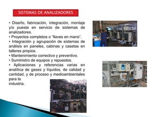 SISTEMAS DE ANALIZADORES
• Diseño, fabricación, integración, montaje
y/o puesta en servicio de sistemas de
analizadores.
• Proyectos completos o “llaves en mano”.
• Integración y agrupación de sistemas de
análisis en paneles, cabinas y casetas en
talleres propios.
• Mantenimiento correctivo y preventivo.
• Suministro de equipos y repuestos.
• Aplicaciones y referencias varias en
analítica de gases y líquidos, de calidad y
cantidad, y de proceso y medioambientales
para la
industria.
 