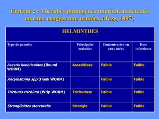 Tableau 2 : Microbes pathogènes microbiens détectés
en eaux usagées non traitées, (Toze, 1997)
HELMINTHES
Type de parasite Principales
maladies
Concentration en
eaux usées
Dose
infectieuse
Ascaris lumbricoides (Round
WORM)
Ascaridiose Faible Faible
Ancylostoma spp (Hook WORM) Faible Faible
Trichuris trichiura (Wrip WORM) Trichuriase Faible Faible
Strongiloides stercoralis Strongle Faible Faible
 