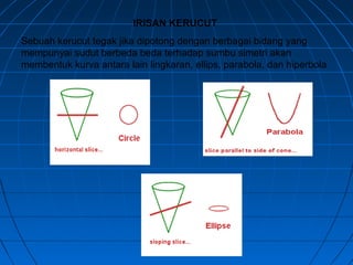 IRISAN KERUCUT
Sebuah kerucut tegak jika dipotong dengan berbagai bidang yang
mempunyai sudut berbeda beda terhadap sumbu simetri akan
membentuk kurva antara lain lingkaran, ellips, parabola, dan hiperbola
 