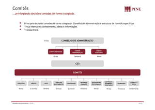 Comitês 
...privilegiando decisões tomadas de forma colegiada. 
Principais decisões tomadas de forma colegiada: Conselho de Administração e estrutura de comitês específicos 
Troca intensa de conhecimento, ideias e informações 
Transparência 
45 dias CONSELHO DE ADMINISTRAÇÃO 
COMITÊ DE RISCOS COMITÊ 
AUDITORIA 
COMITÊ 
REMUNERAÇÃO 
45 dias Semestral Mensal 
CEO 
COMITÊS 
BANCO DE 
EXECUTIVO CRÉDITO ALCO CONTENCIOSO 
RECURSOS 
HUMANOS 
INVESTIMENTOS 
CONTROLES 
INTERNOS & 
COMPLIANCE 
AVALIAÇÃO de 
PERFORMANCE TECNOLOGIA 
CONDUTA e 
ÉTICA 
Mensal 2x Semana Semanal Semanal Quinzenal Bimestral Mensal 45 dias Trimestral Sob Demanda 
Relações com Investidores | 2T12 | 30/34 
 