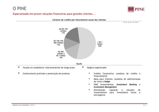 O PINE 
Especializado em prover soluções financeiras para grandes clientes... 
Carteira de crédito por faturamento anual dos clientes 
30 de junho de 2012 
Até R$ 150 
ilhõ 
milhões 
17% 
> R$ 1 
R$ 150 a R$ 
500 milhões 
bilhão 
56% 
12% 
R$ 500 
milhões a 
R$ 1 bilhão 
Perfil 
15% 
Focado em estabelecer relacionamentos de g longo p 
prazo Negócio segmentado: 
Conhecimento profundo e penetração de produtos 
g g 
• Crédito Corporativo: produtos de crédito e 
financiamento 
• Mesa para Clientes: produtos de administração 
de riscos e hedge 
• PINE Investimentos: Investment Banking e 
Investment Management 
• Distribuição: captação e soluções de 
investimentos para investidores locais e 
estrangeiros 
Relações com Investidores | 2T12 | 4/34 
 