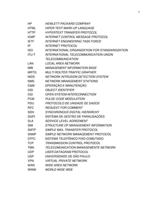 x



HP      HEWLETT-PACKARD COMPANY
HTML    HIPER TEXT MARK-UP LANGUAGE
HTTP    HYPERTEXT TRANSFER PROTOCOL
ICMP    INTERNET CONTROL MESSAGE PROTOCOL
IETF    INTERNET ENGINEERING TASK FORCE
IP      INTERNET PROTOCOL
ISO     INTERNATIONAL ORGANIZATION FOR STANDARDIZATION
ITU-T   INTERNATIONAL TELECOMMUNICATION UNION
        TELECOMMUNICATION
LAN     LOCAL AREA NETWORK
MIB     MANAGEMENT INFORMATION BASE
MRTG    MULTI ROUTER TRAFFIC GRAPHER
NIDS    NETWORK INTRUSION DETECTION SYSTEM
NMS     NETWORK MANAGEMENT STATIONS
O&M     OPERAÇÃO E MANUTENÇÃO
OID     OBJECT IDENTIFIER
OSI     OPEN SYSTEM INTERCONNECTION
PCM     PULSE CODE MODULATION
PDU     PROTOCOLO DE UNIDADE DE DADOS
RFC     REQUEST FOR COMMENT
SDH     SYNCHRONOUS DIGITAL HIERARCHY
SGPI    SISTEMA DE GESTÃO DE PARALISAÇÕES
SLA     SERVICE LEVEL AGREEMENT
SMI     STRUCTURE OF MANAGEMENT INFORMATION
SMTP    SIMPLE MAIL TRANSFER PROTOCOL
SNMP    SIMPLE NETWORK MANAGEMENT PROTOCOL
STFC    SISTEMA TELEFÔNICO FIXO COMUTADO
TCP     TRANSMISSION CONTROL PROTOCOL
TMN     TELECOMUNICATION MANAGEMENTE NETWORK
UDP     USER DATAGRAM PROTOCOL
USP     UNIVERSIDADE DE SÃO PAULO
VPN     VIRTUAL PRIVATE NETWORK
WAN     WIDE AREA NETWORK
WWW     WORLD WIDE WEB
 