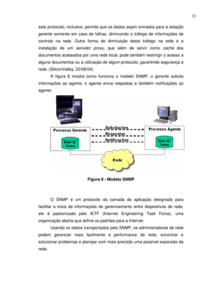 21

este protocolo, inclusive, permite que os dados sejam enviados para a estação
gerente somente em caso de falhas, diminuindo o tráfego de informações de
controle na rede. Outra forma de diminuição deste tráfego na rede é a
instalação de um servidor proxy, que além de servir como cache dos
documentos acessados por uma rede local, pode também restringir o acesso a
alguns documentos ou a utilização de algum protocolo, garantindo segurança à
rede. (SiliconValley, 22/08/04)
        A figura 8 mostra como funciona o modelo SNMP, o gerente solicita
informações ao agente, o agente envia respostas e também notificações ao
agente:




                           Figura 8 - Modelo SNMP



        O SNMP é um protocolo da camada de aplicação designado para
facilitar a troca de informações de gerenciamento entre dispositivos de rede,
ele é padronizado pelo IETF (Internet Engineering Task Force), uma
organização aberta que define os padrões para a Internet.
        Usando os dados transportados pelo SNMP, os administradores de rede
podem gerenciar mais facilmente a performance da rede, encontrar e
solucionar problemas e planejar com mais precisão uma possível expansão da
rede.
 